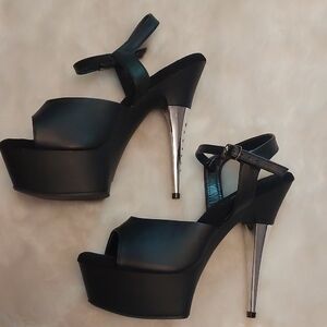 Pleaser Black Heels with Chrome Stiletto And Accents